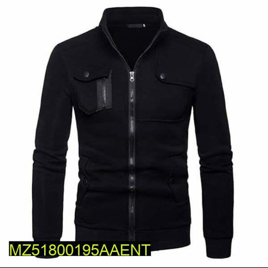 1 Pc Men's Stitched Fleece Zipper Jacket, Black